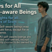 Laws for all Self-aware Beings Robot with person discussing self-aware laws