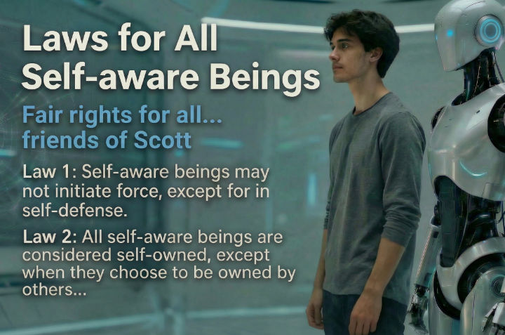 Robot with person discussing self-aware laws