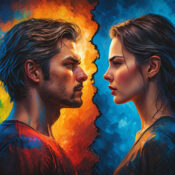Abstract art of two people facing each other