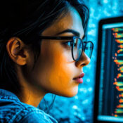 Woman with glasses coding on computer.