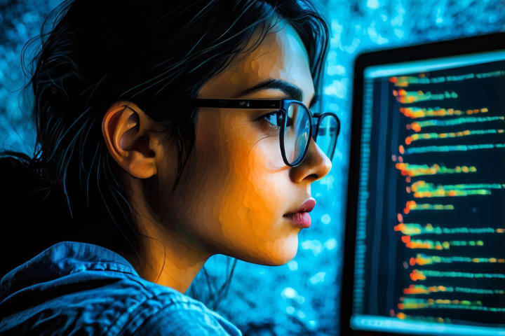 Woman with glasses coding on computer.