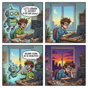 Programmer and robot coding from morning to night