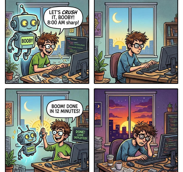 Programmer and robot coding from morning to night