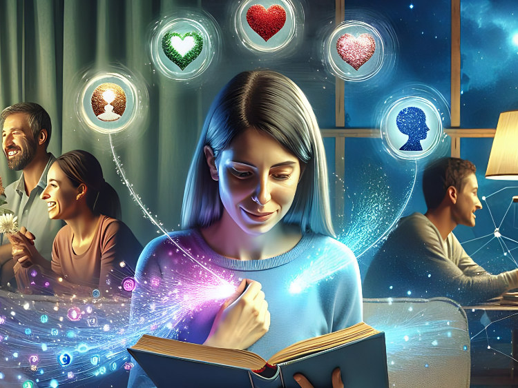 Woman reading a book with floating icons of love.