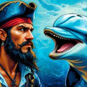 Pirate with dolphin underwater illustration