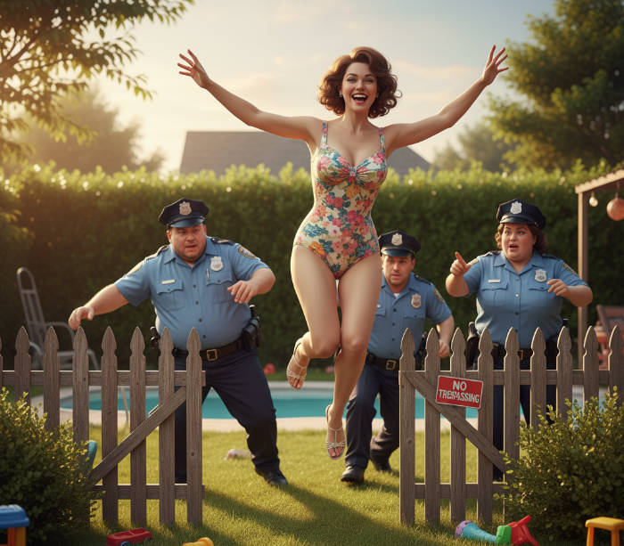 Woman in swimsuit jumping over fence playfully