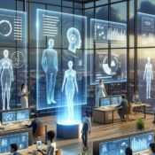 Futuristic office with holographic interfaces and data analytics.