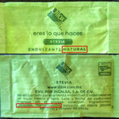 Stevia sweetener packet with ingredients listed.