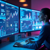 Woman analyzing financial data on multiple screens.