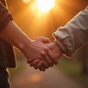 Two people holding hands at sunset.