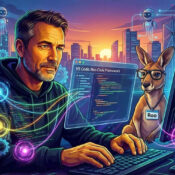 Developer coding with kangaroo assistant at computer.