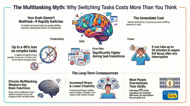 Infographic on multitasking myths and brain function effects.