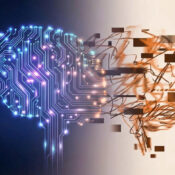 Digital brain merging with abstract art