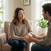 Human-like android talking with a man in an elegant office.