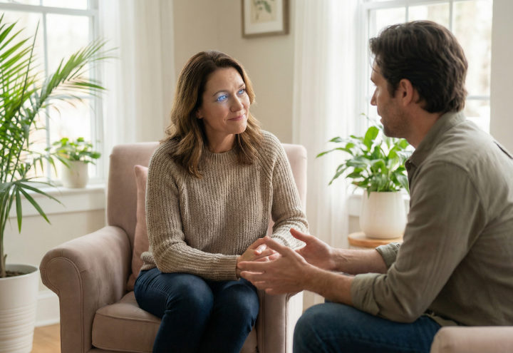 Human-like android talking with a man in an elegant office.