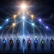 Silhouetted figures connected by glowing cosmic light streams