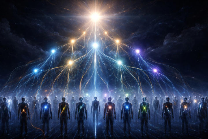 Silhouetted figures connected by glowing cosmic light streams
