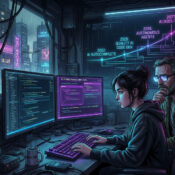 Programmers working at computers with futuristic AI timeline display