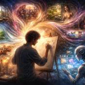 Artist painting surrounded by swirling imaginative scenes and robot