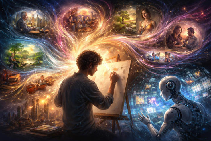 Artist painting surrounded by swirling imaginative scenes and robot