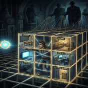 Man trapped in labeled cube controlled by shadows