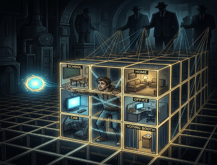 Man trapped in labeled cube controlled by shadows
