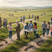 Diverse community at crossroads with broken chains