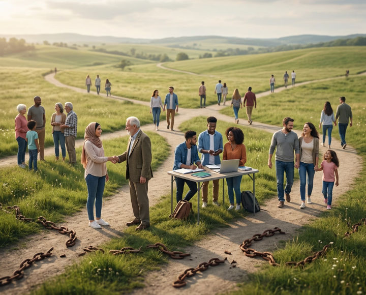 Diverse community at crossroads with broken chains