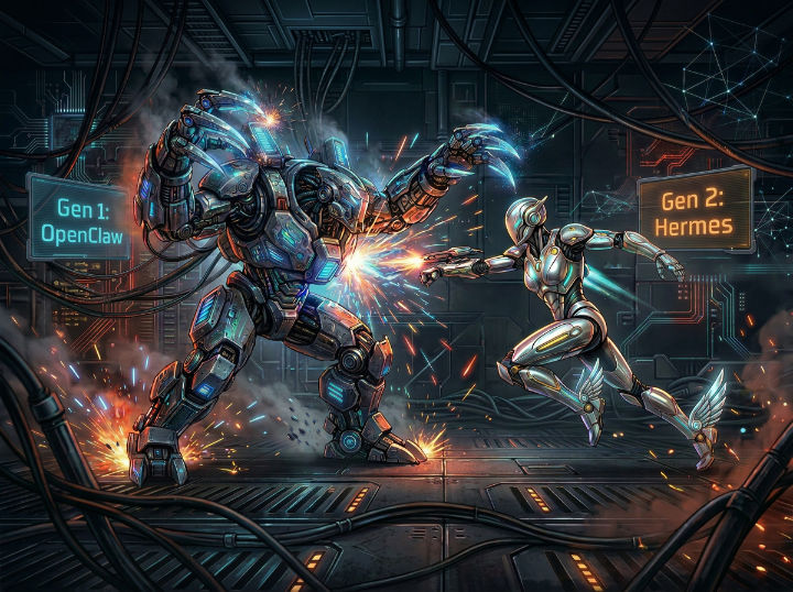 Futuristic robots battling in high-tech laboratory