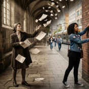 Past and present women posting protest flyers