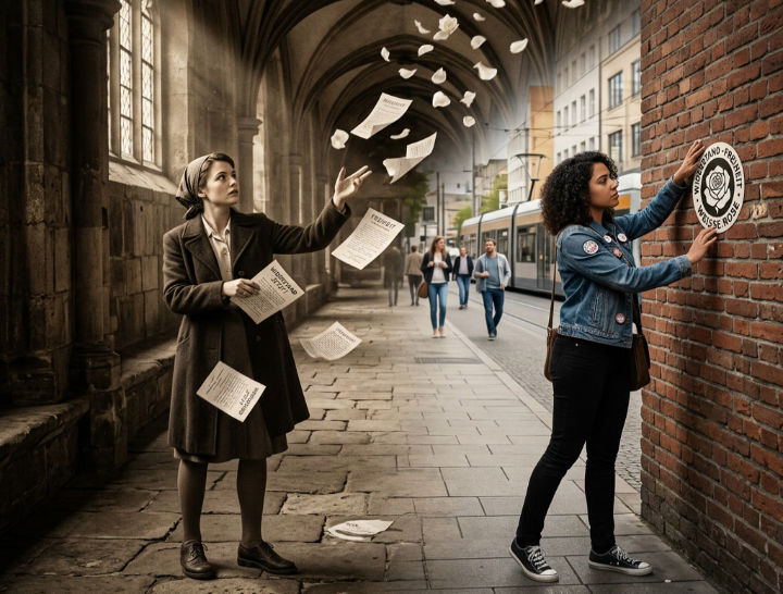 Past and present women posting protest flyers