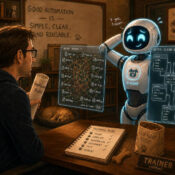 Man reviewing code with friendly AI robot