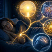 Woman awake at night with glowing health icons