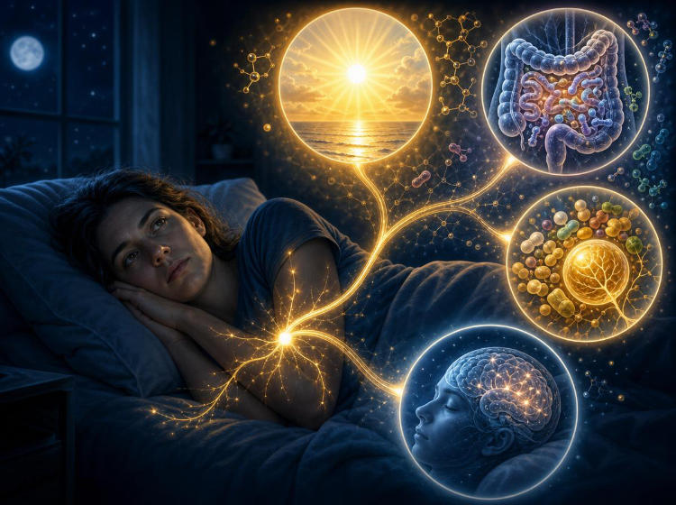 Woman awake at night with glowing health icons